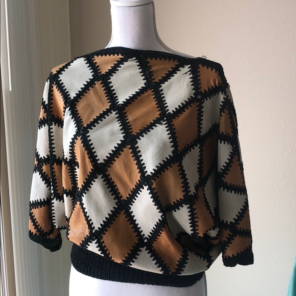 Very Unique Vintage Leather and Knit Geometric Top